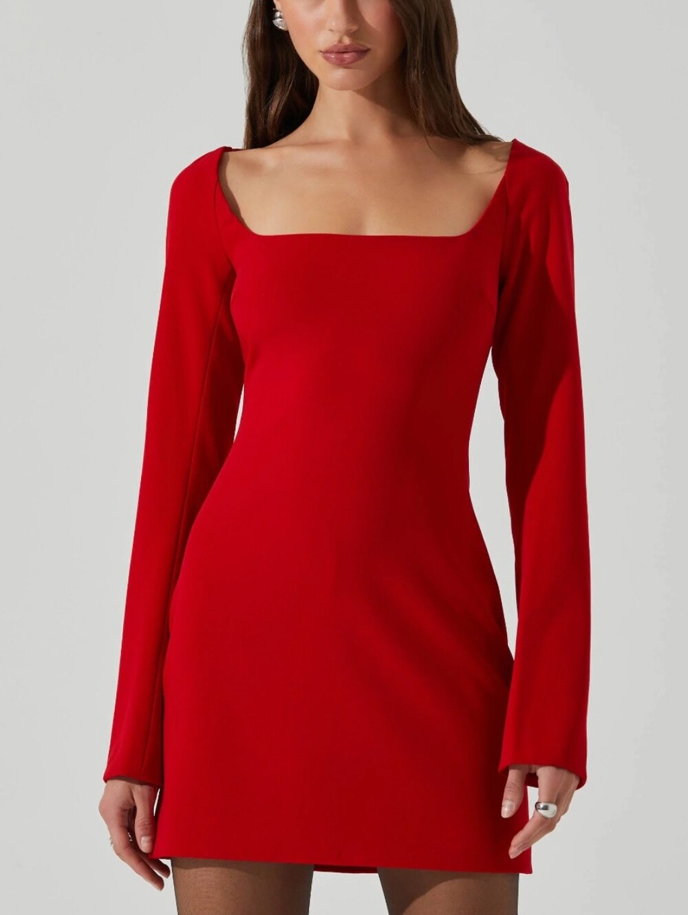 ASTR Red Square Neck Long Sleeve Mini Dress
